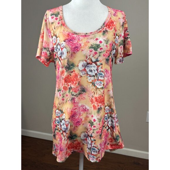 NEW LuLaRoe Womens Knit Tunic Top S Short Sleeve White Pink Floral Scoop Neck - Picture 1 of 8